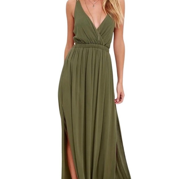 Lulus Dresses & Skirts - Lulus Womens Olive Green Crinkle Rayon Maxi Dress Backless Cutout Strappy Size S